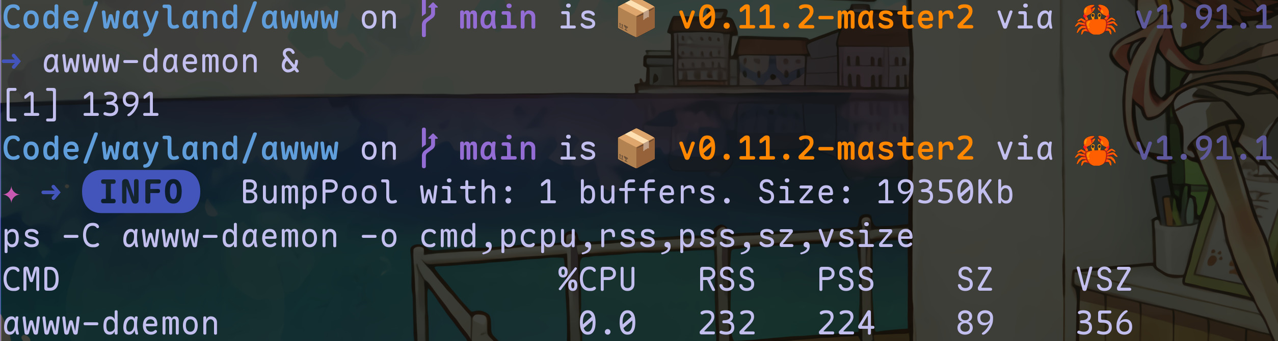 Output of 'ps -C awww-daemon -o cmd,pcpu,rss,pss,sz,vsize'
showing awww-daemon using 232 Kb of RSS and 230 Kb PSS